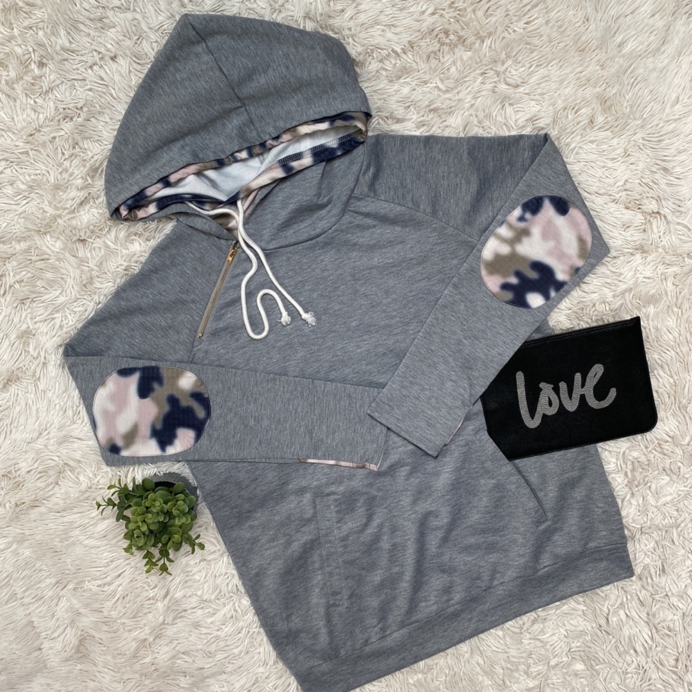 Boutique Double Hooded Camo Top 💗 Gray & Olive